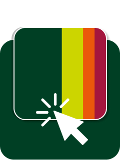 A rounded square with vertical stripes in dark green, yellow, orange, and red. A white cursor icon with a stylized click effect is positioned over the bottom left corner of the square. The background is dark green.