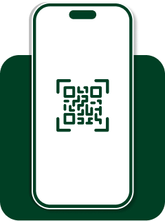 Illustration of a smartphone displaying a QR code on its screen. The phone is centered with a green outline against a darker green background.