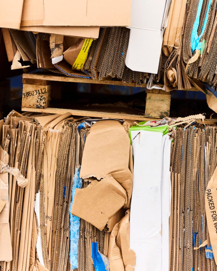 A stack of flattened cardboard boxes and packaging materials tightly bound together. The layers show various colors, including brown, white, and hints of blue. The texture and grooves of the cardboard create a dense, compact appearance.