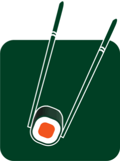 Illustration of sushi held by chopsticks on a dark green background. The sushi roll has a white and orange filling, resembling a piece of maki.